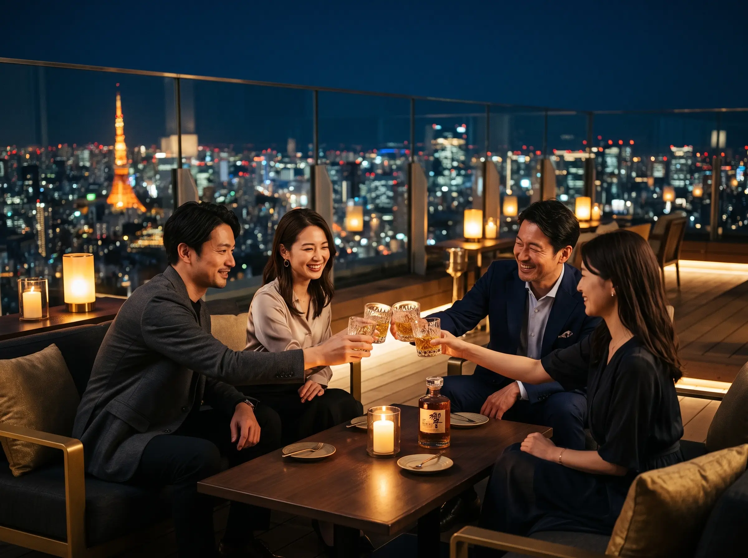 夜の食卓で乾杯する人々